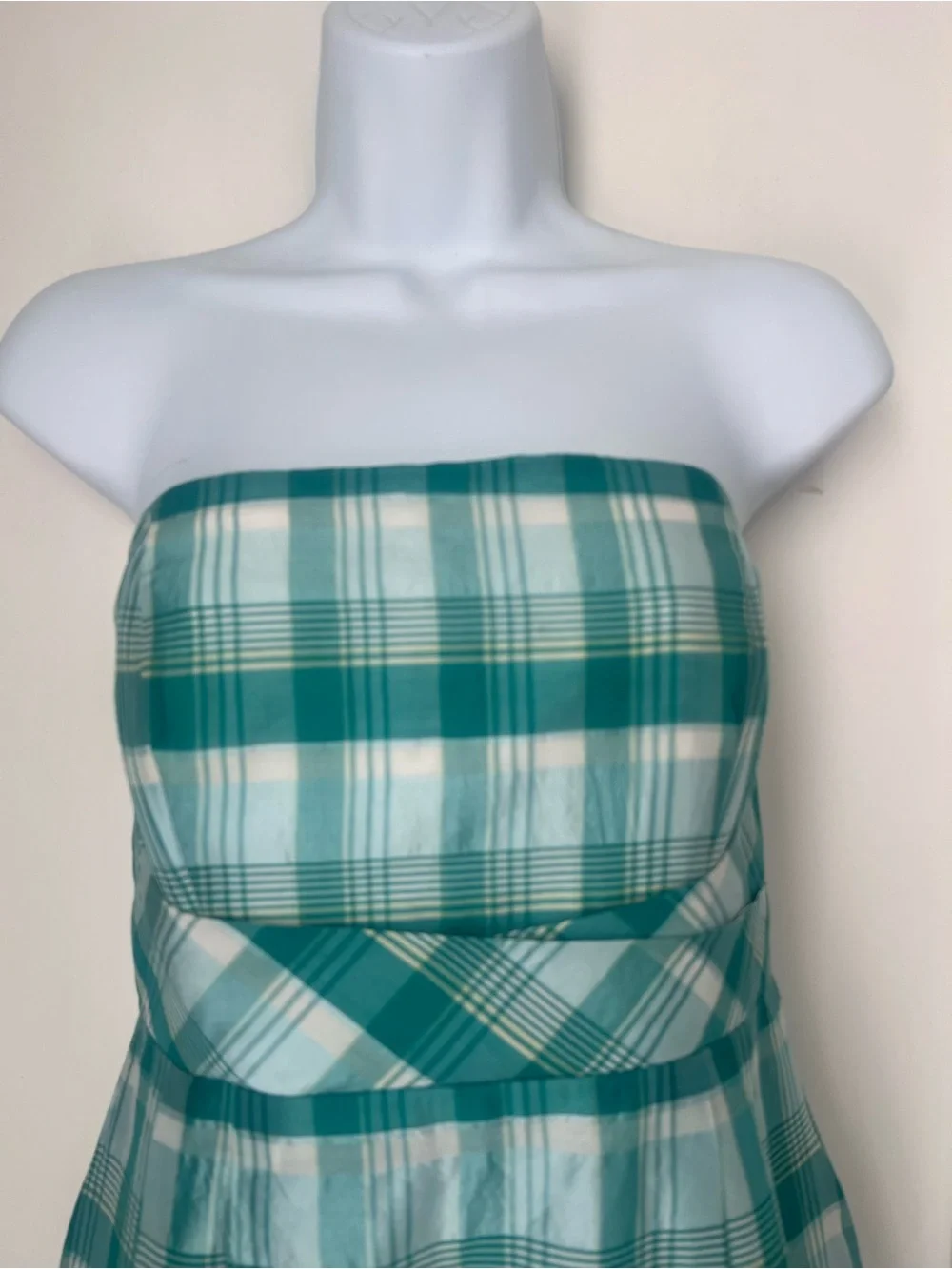 J.Crew Strapless Plaid Green White Silk Blend  Preppy Cottagecore Summer Dress 6